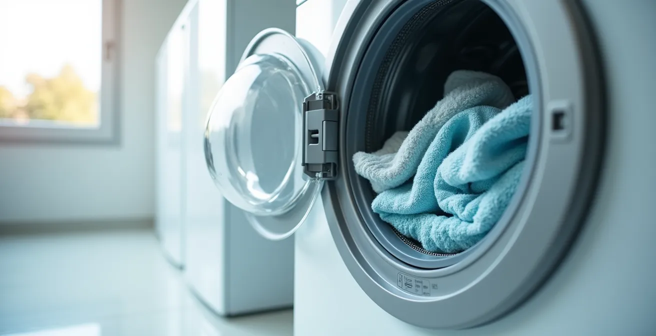 Detailaufnahme eines Mikroplastikfilters in Aktion, der winzige Fasern aus dem Wasser fängt.