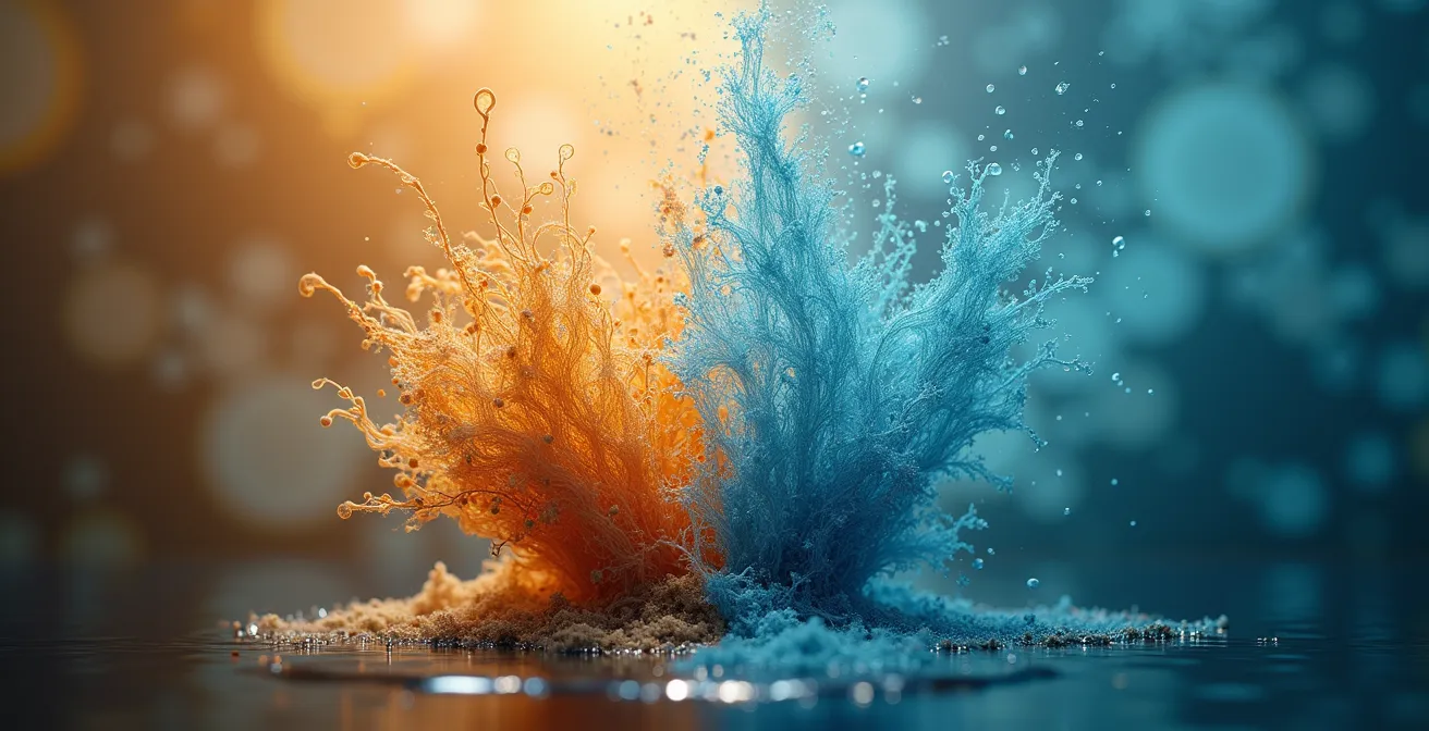 Mikroskopaufnahme, die den Unterschied zwischen glatten, sich auflösenden Naturfasern und fragmentierenden synthetischen Fasern zeigt.