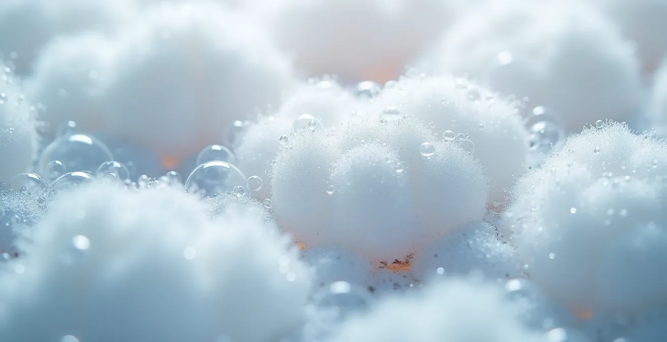 Makroaufnahme von Mizellenwasser auf einem Wattepad mit sichtbaren Tensidstrukturen