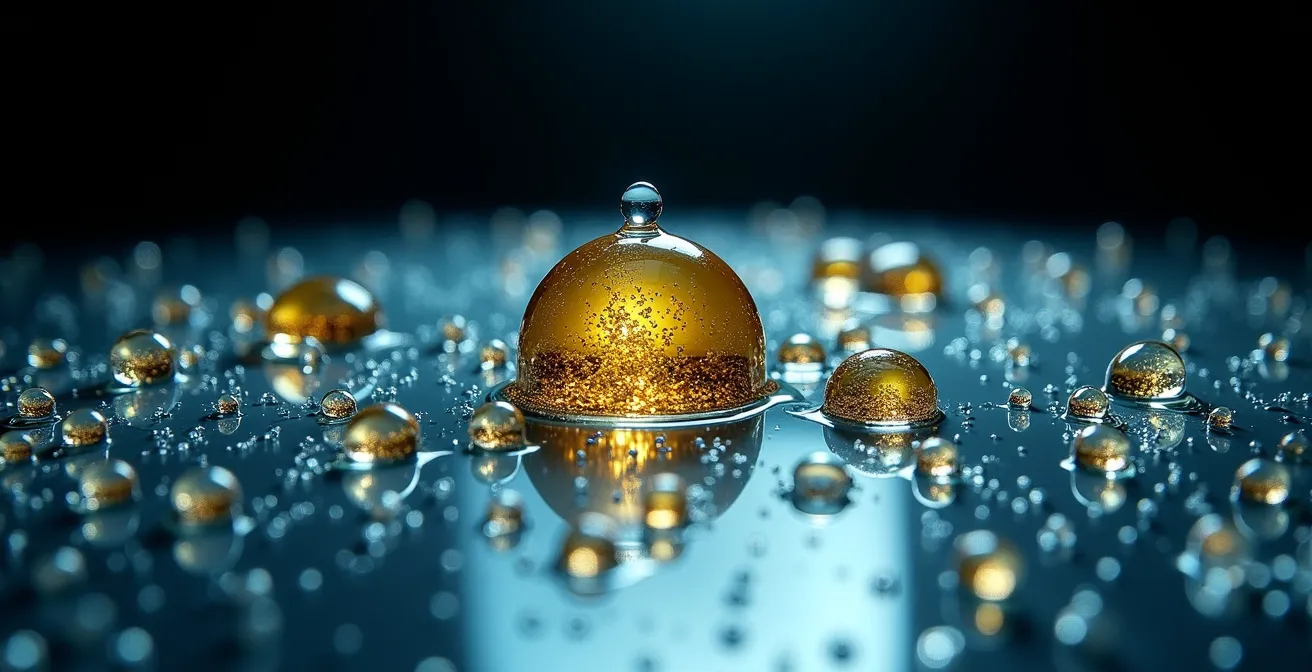 Mikroskopische Darstellung von Mizellen-Molekülen, die als Wassertropfen auf einer Glasoberfläche symbolisiert werden