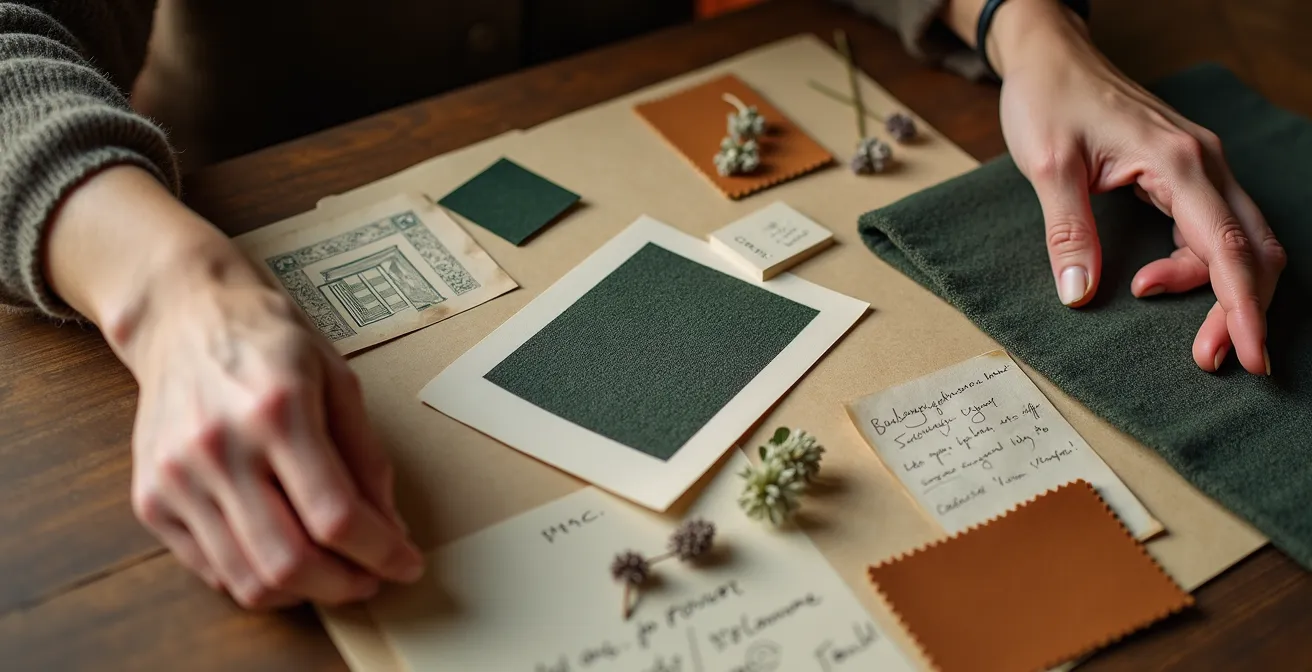 Hände arrangieren Stoffproben, Farbkarten und Fotos auf einem großen Holztisch
