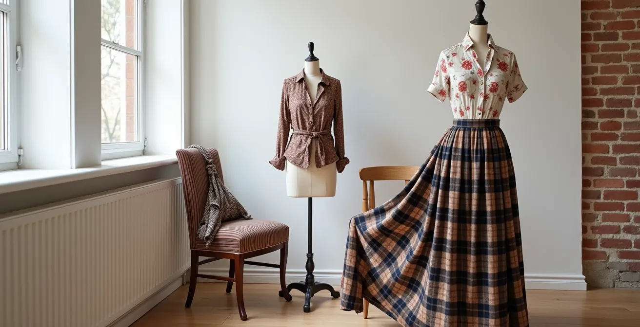 Größenkontraste bei Mustern - großer Tartanrock mit mittelgroßer floraler Bluse