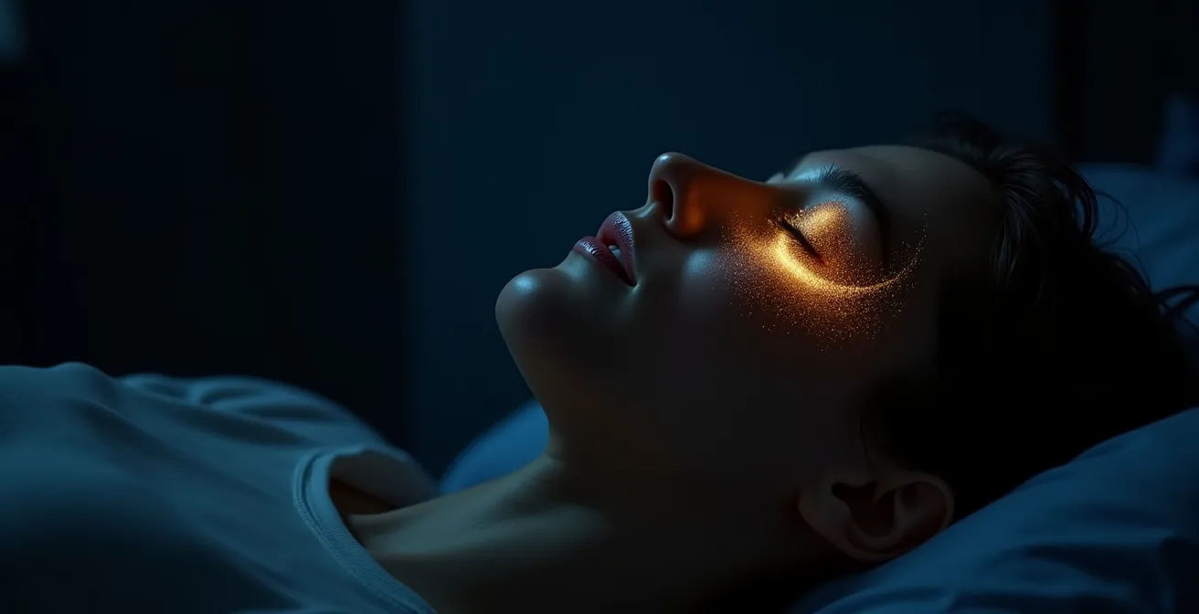 Abstrakte Darstellung der nächtlichen Hautregeneration mit aktiven Zellprozessen