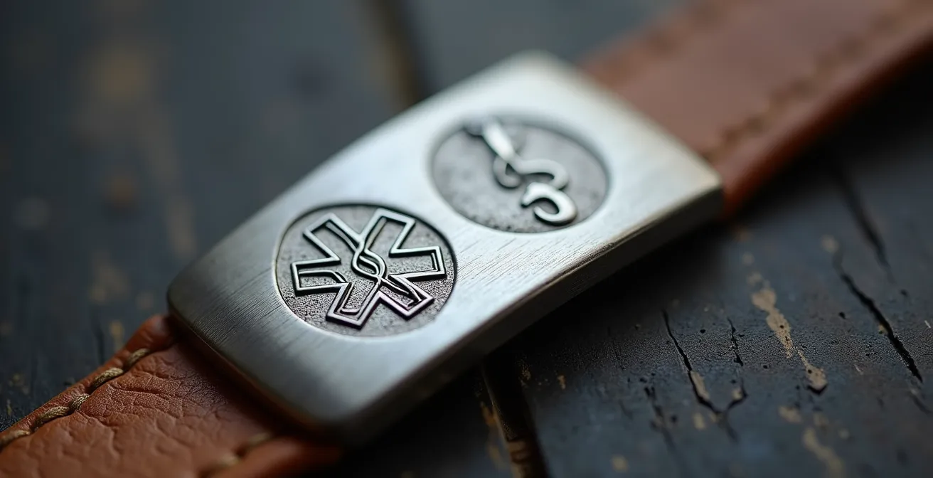 Makroaufnahme einer gravierten Edelstahl-Notfallplakette mit medizinischen Symbolen