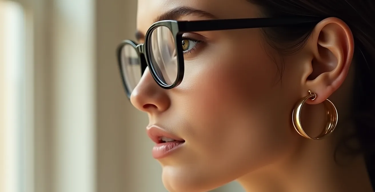 Frau mit eckiger Brille und runden goldenen Ohrringen in harmonischer Balance