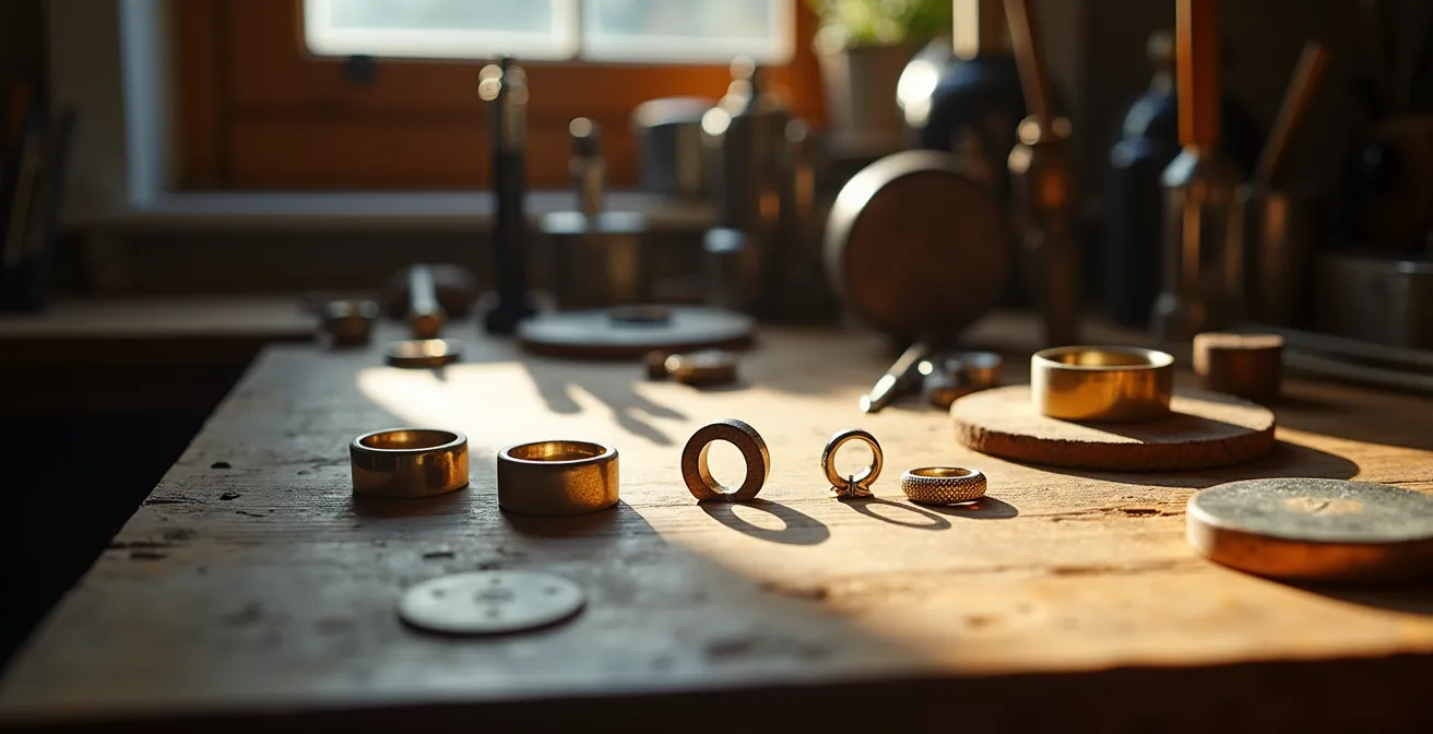 Nahaufnahme eines Goldschmied-Arbeitsplatzes mit Gravurwerkzeugen und Ringen