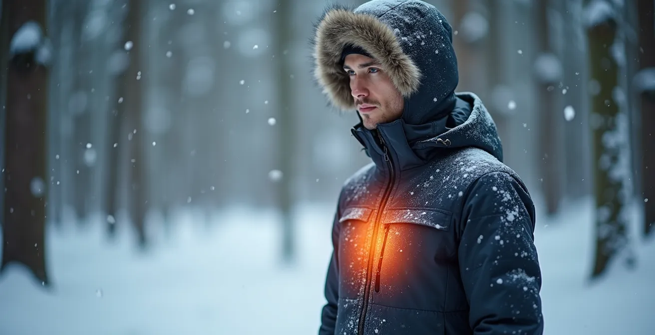 Visualisierung von Phase-Change-Material in Winterkleidung, das für eine ausgeglichene Körpertemperatur sorgt.