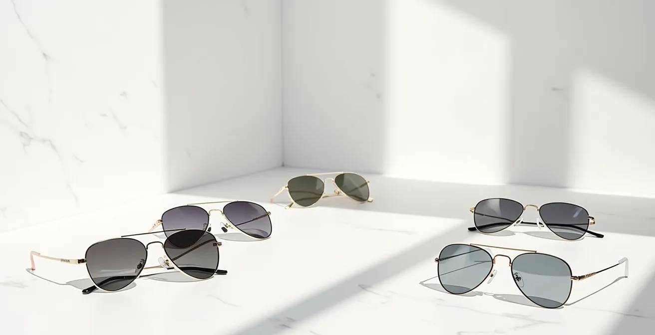 Stilvolle Auslage verschiedener Sonnenbrillenformen auf minimalistischem Hintergrund