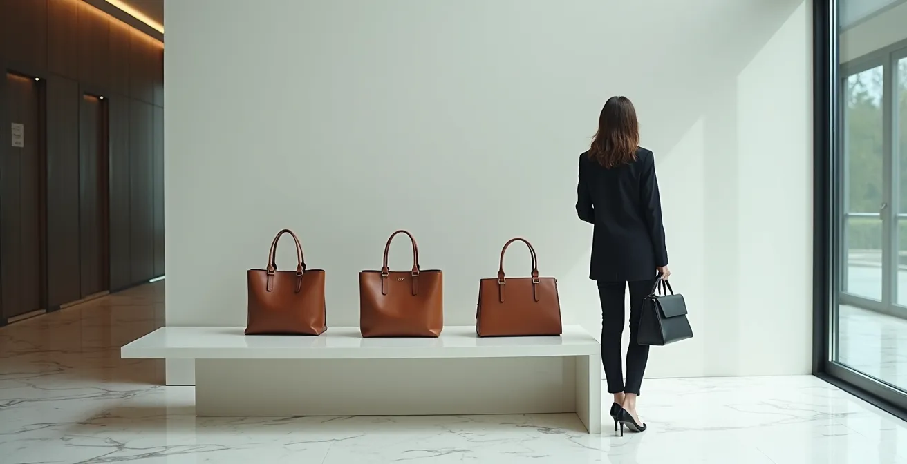 Vergleich verschiedener Taschengrößen an kleiner Frau im Business-Outfit