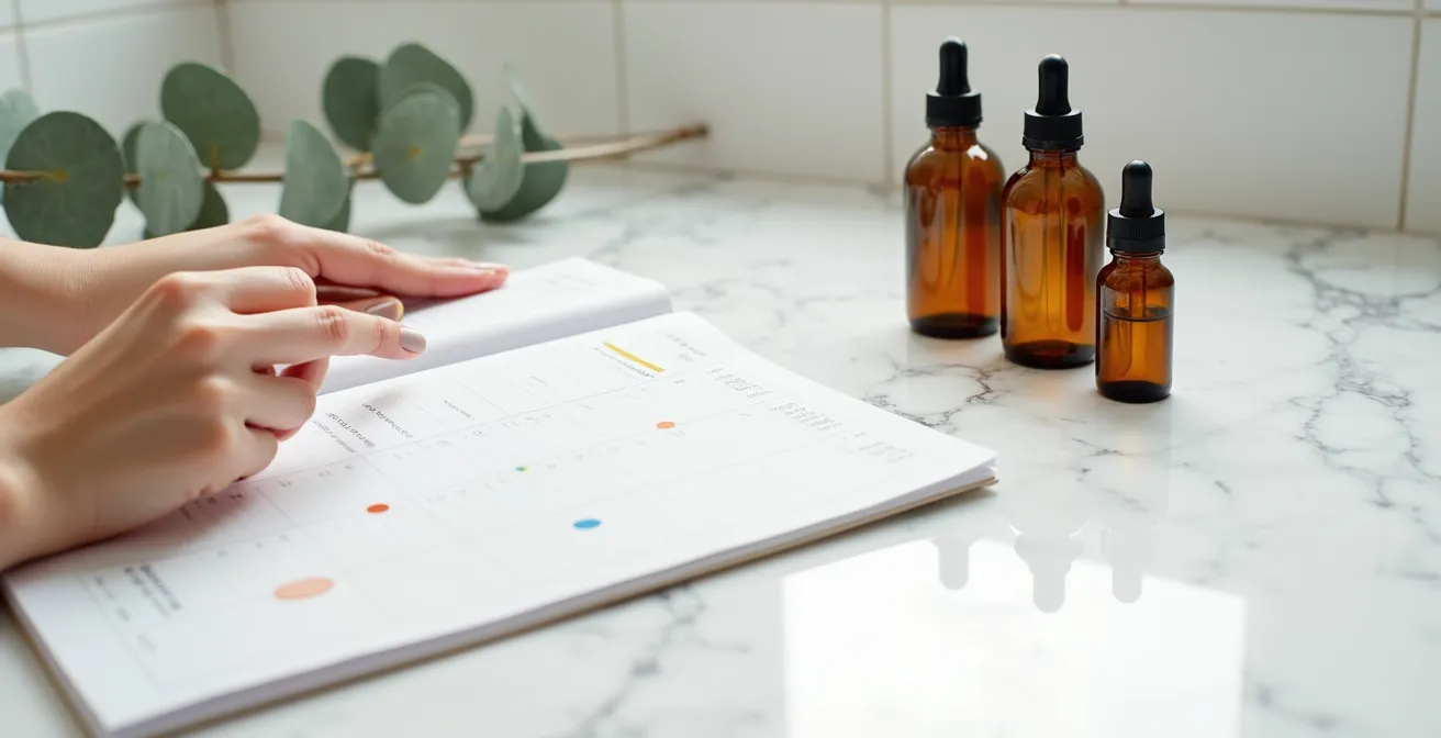 Detailaufnahme Hände mit Kalender und Hautpflegeprodukten