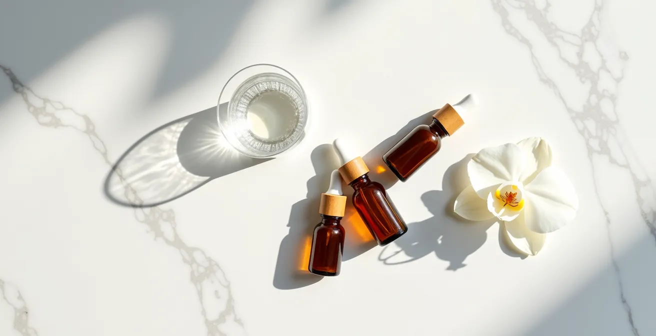 Minimalistische Anordnung von Hautpflegeprodukten auf Marmor