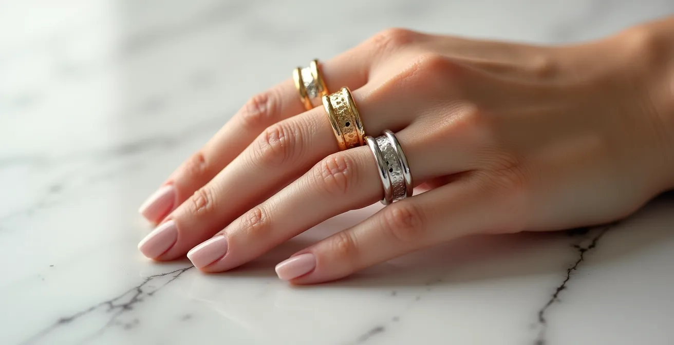 Elegante Hand zeigt mehrere gestapelte Ringe in Gold, Silber und Roségold