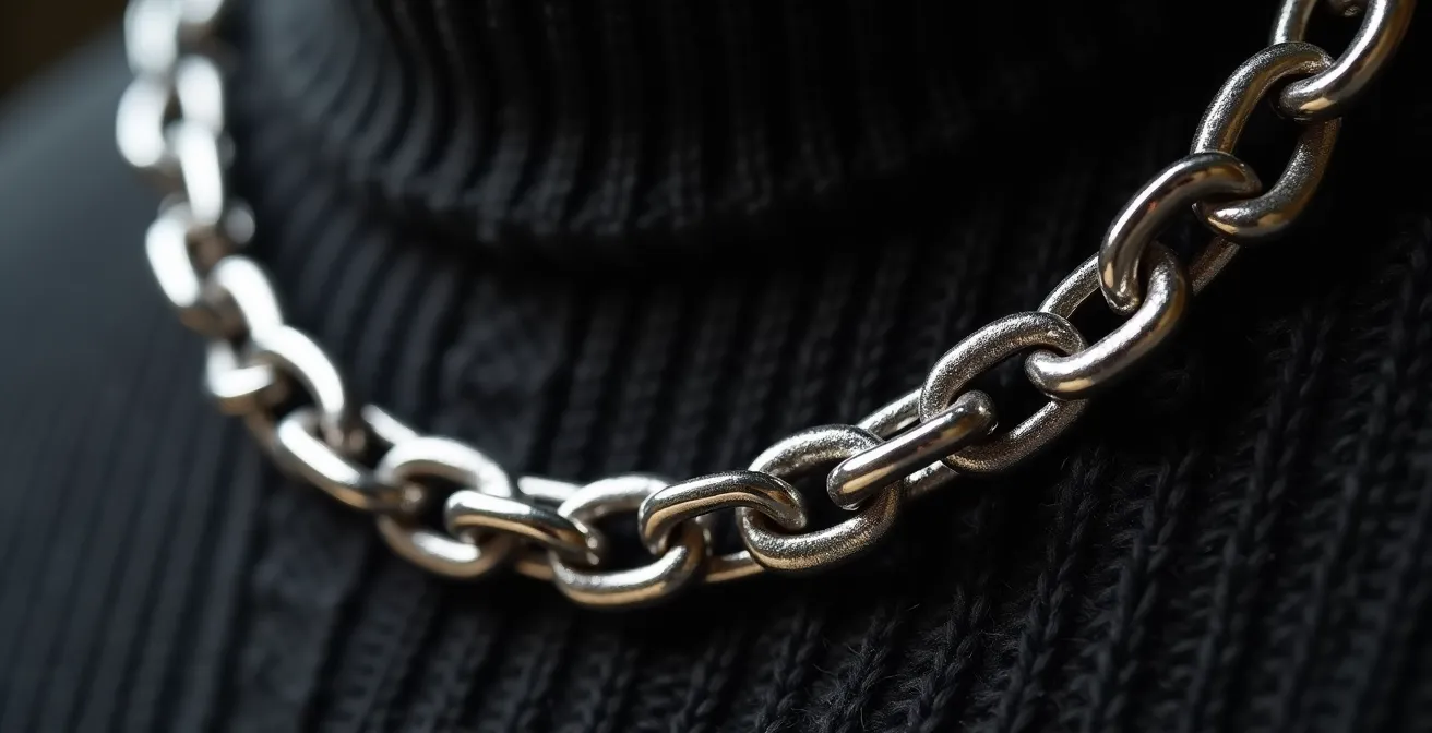 Detailaufnahme einer silbernen Gliederkette auf schwarzem Rollkragenpullover