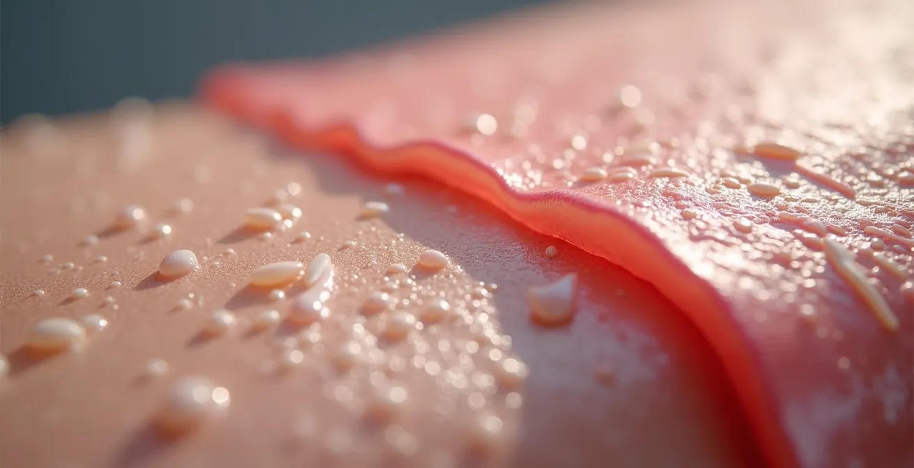 Mikroskopische Darstellung der Hautbarriere vor und nach Seifenkontakt, die die Zerstörung des Schutzfilms zeigt.