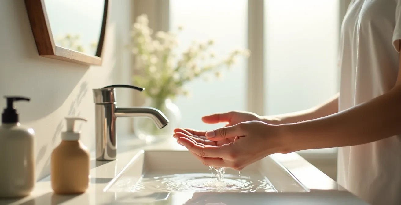 Weitwinkelaufnahme eines minimalistischen Badezimmers mit Person bei der Gesichtsreinigung