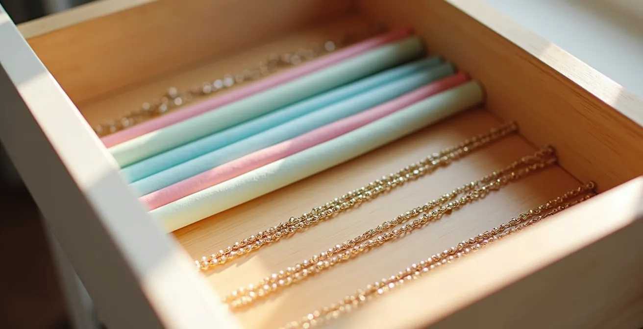 Clevere Aufbewahrung von Ketten mit Strohhalmen zur Vermeidung von Knoten