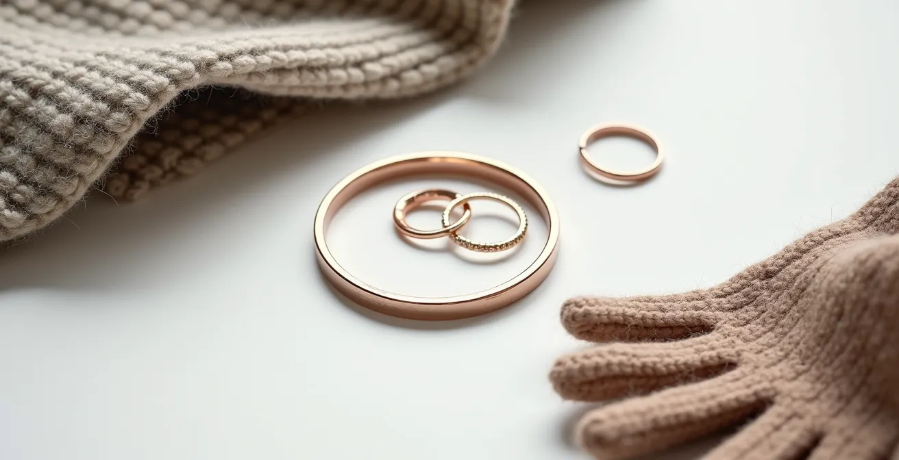 Nahaufnahme von Schmuckabnutzung durch Winterkleidung und Handschuhe