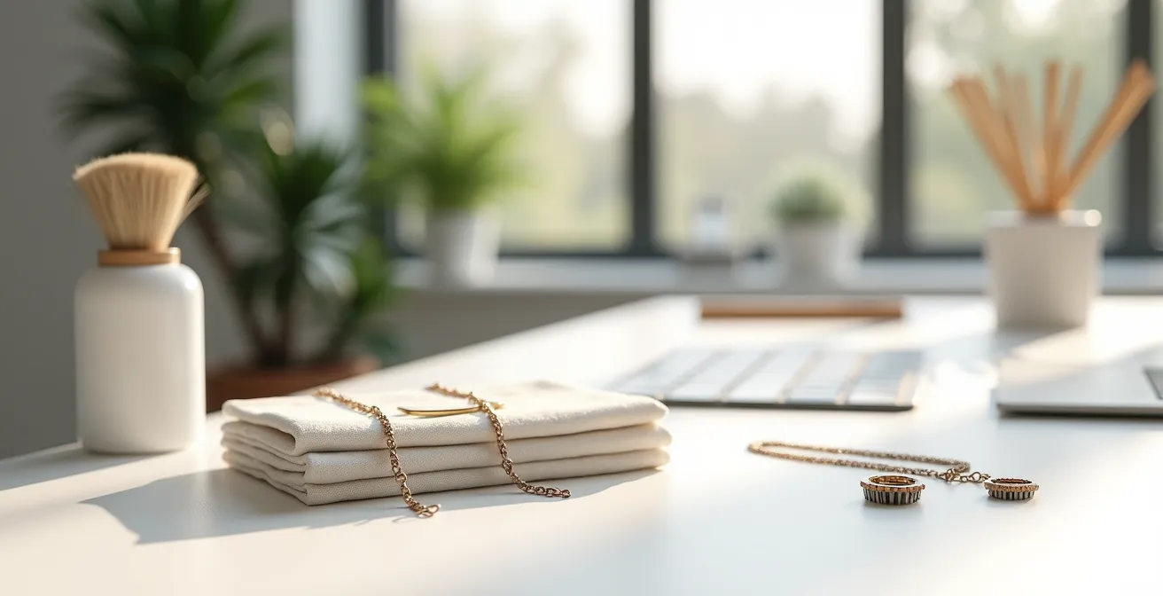 Minimalistischer Arbeitsplatz mit Schmuckpflegeutensilien elegant arrangiert