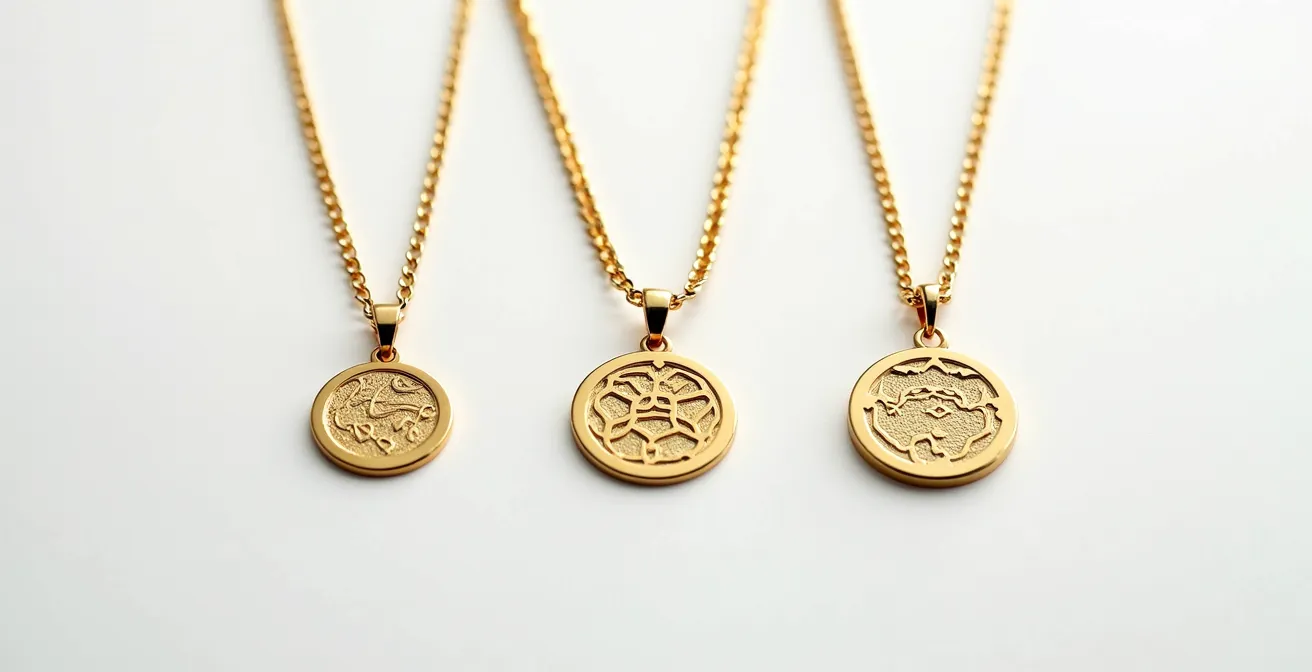 Drei goldene Namensketten mit unterschiedlichen Schriftarten auf weißem Hintergrund