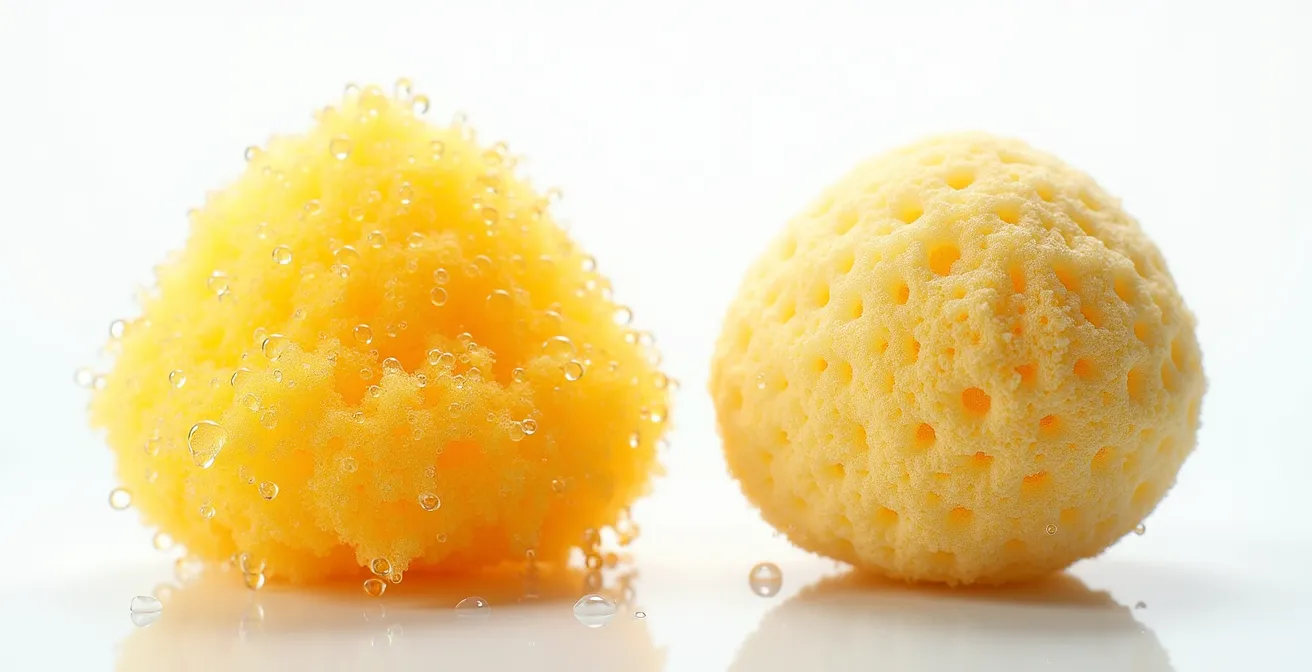 Visueller Vergleich zwischen trockenem und feuchtem Schwamm als Metapher für Hyaluron-Aufnahme