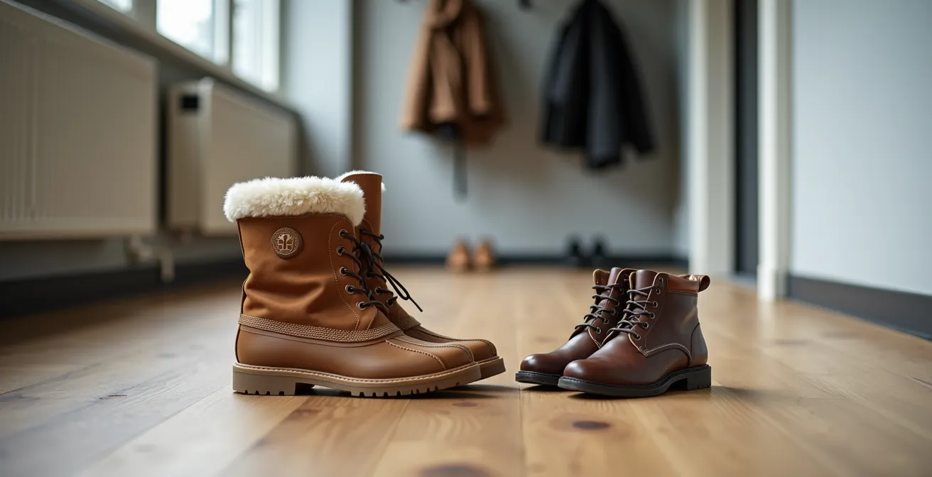 Gefütterte Winterstiefel neben atmungsaktiven Büroschuhen auf Holzboden, was den in deutschen Büros üblichen Schuhwechsel symbolisiert.