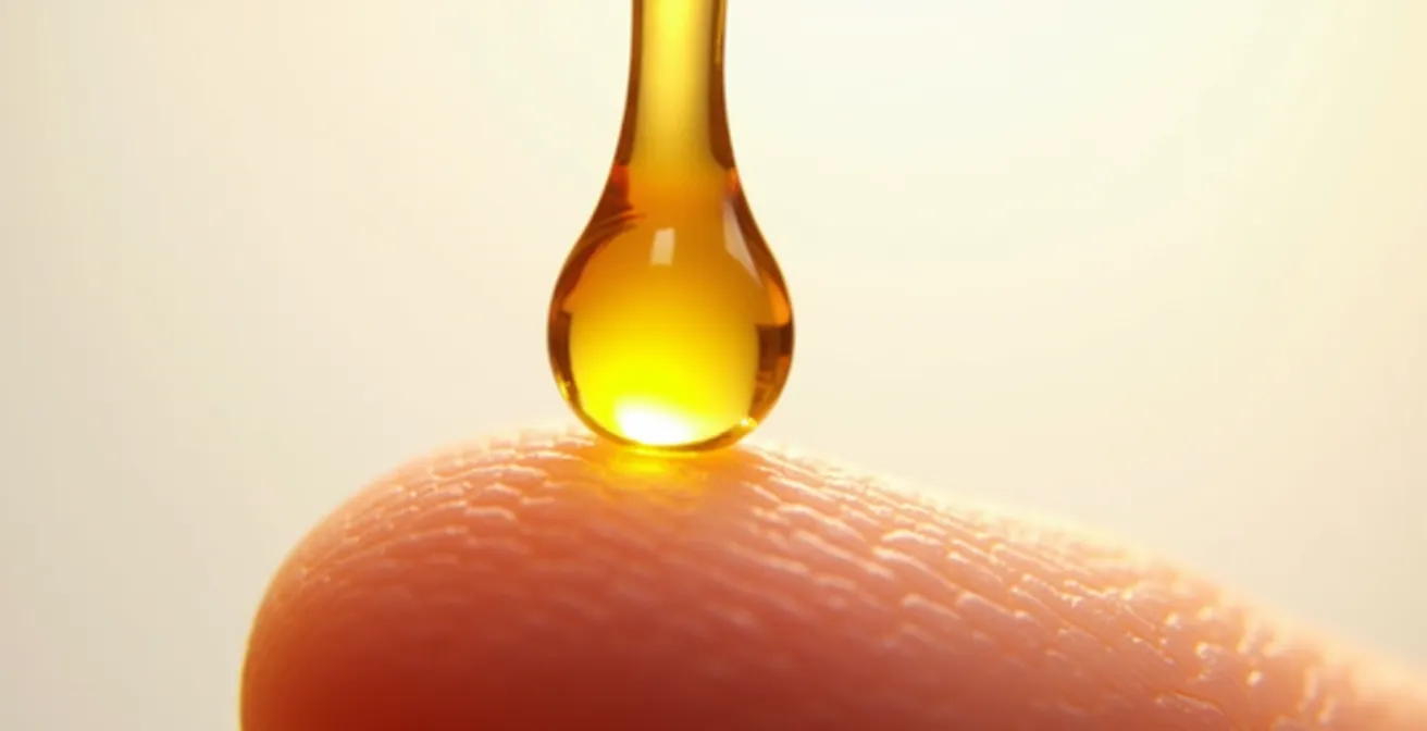 Makroaufnahme eines goldenen Öltropfens auf Fingerspitze