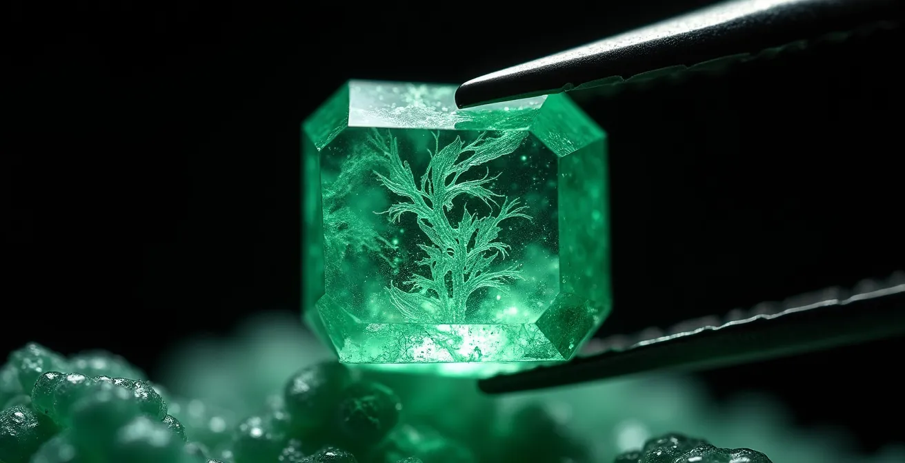 Makroaufnahme eines Smaragds mit sichtbaren natürlichen Einschlüssen, den sogenannten Jardins.