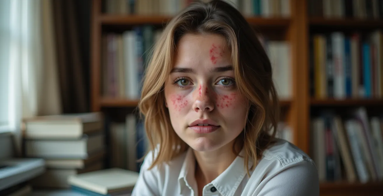 Gestresstes Studentengesicht mit sichtbaren Hautveränderungen wie Rötungen und Pickeln während der Prüfungsphase.