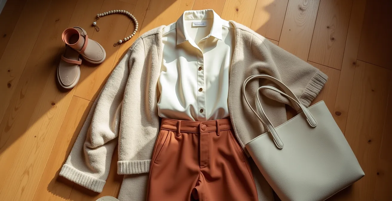 Stilvolle Capsule Wardrobe in Terrakotta- und Cremetönen auf Holzboden arrangiert