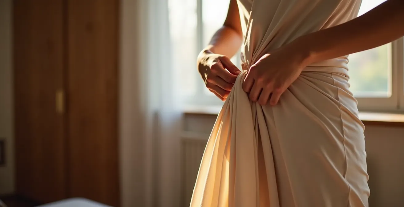 Eine Frau, die ein flexibles Wickelkleid anpasst, als Symbol für eine anpassungsfähige Übergangsgarderobe.