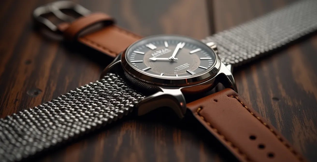 Detailaufnahme von Uhrenarmbändern aus Stahl und Leder nebeneinander, die den textuellen Unterschied betonen