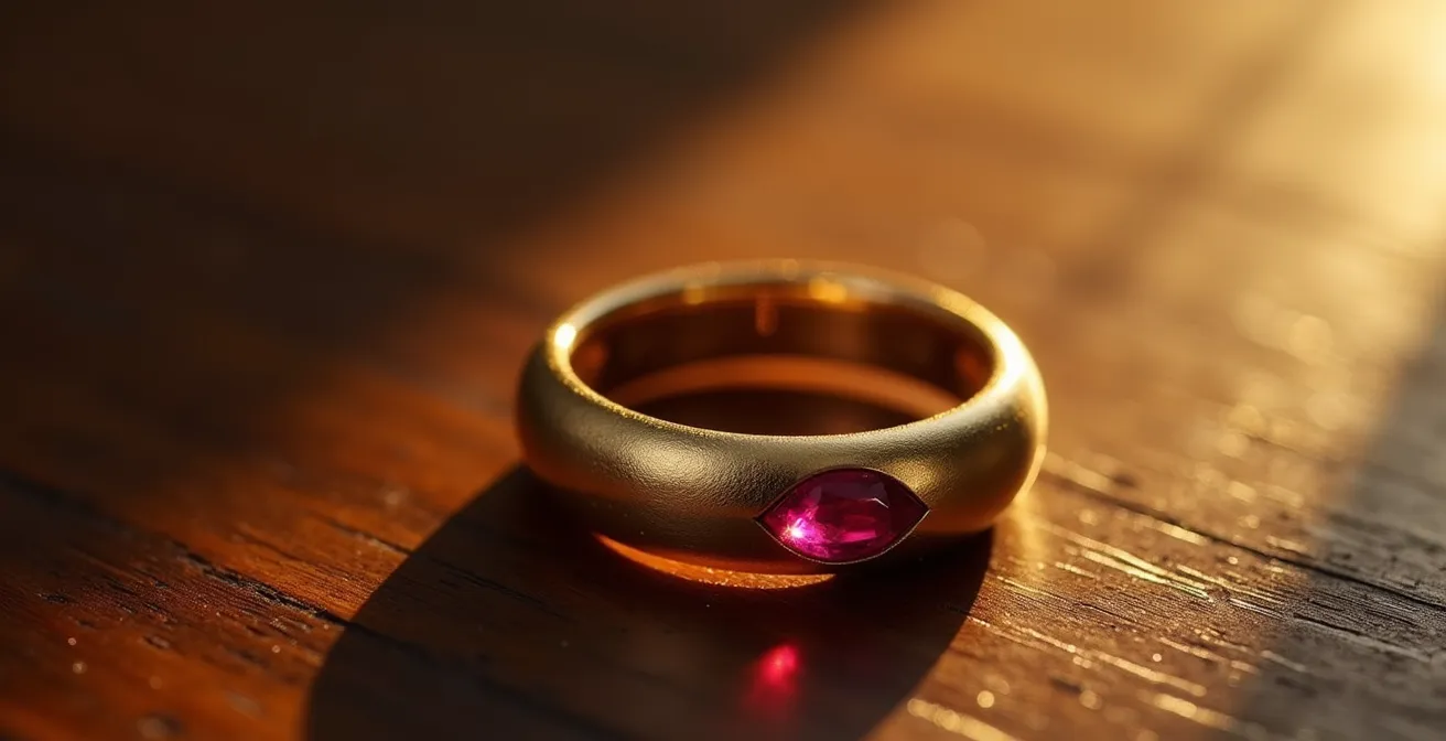 Innenseite eines Goldringes mit einem kleinen, versteckten Rubin als Zeichen höchster Handwerkskunst.