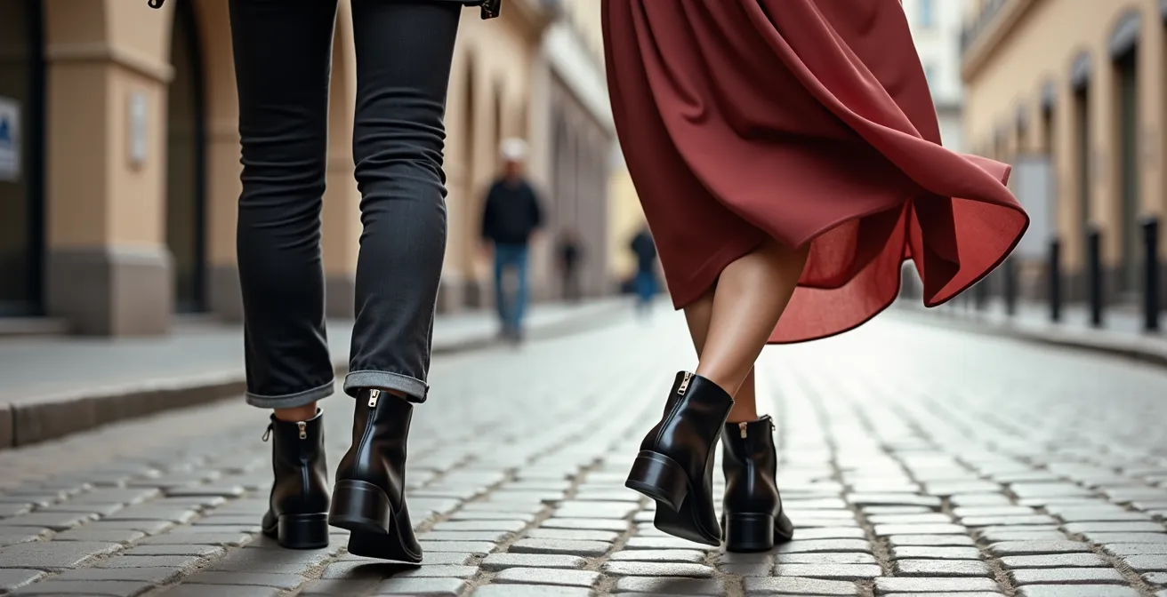 Stiefeletten in verschiedenen Outfit-Kombinationen präsentiert, einmal mit Jeans und einmal mit einem Kleid.
