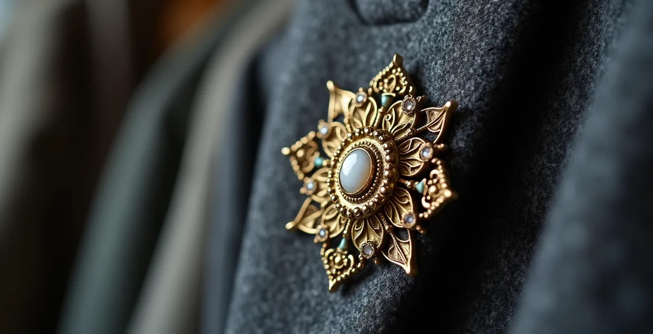 Detailaufnahme einer goldenen Vintage-Brosche an einem modernen minimalistischen Blazer