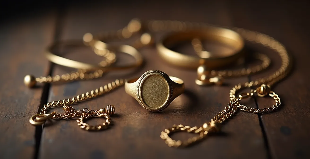 Elegante Kombination aus antikem Goldring und modernen günstigen Schmuckstücken