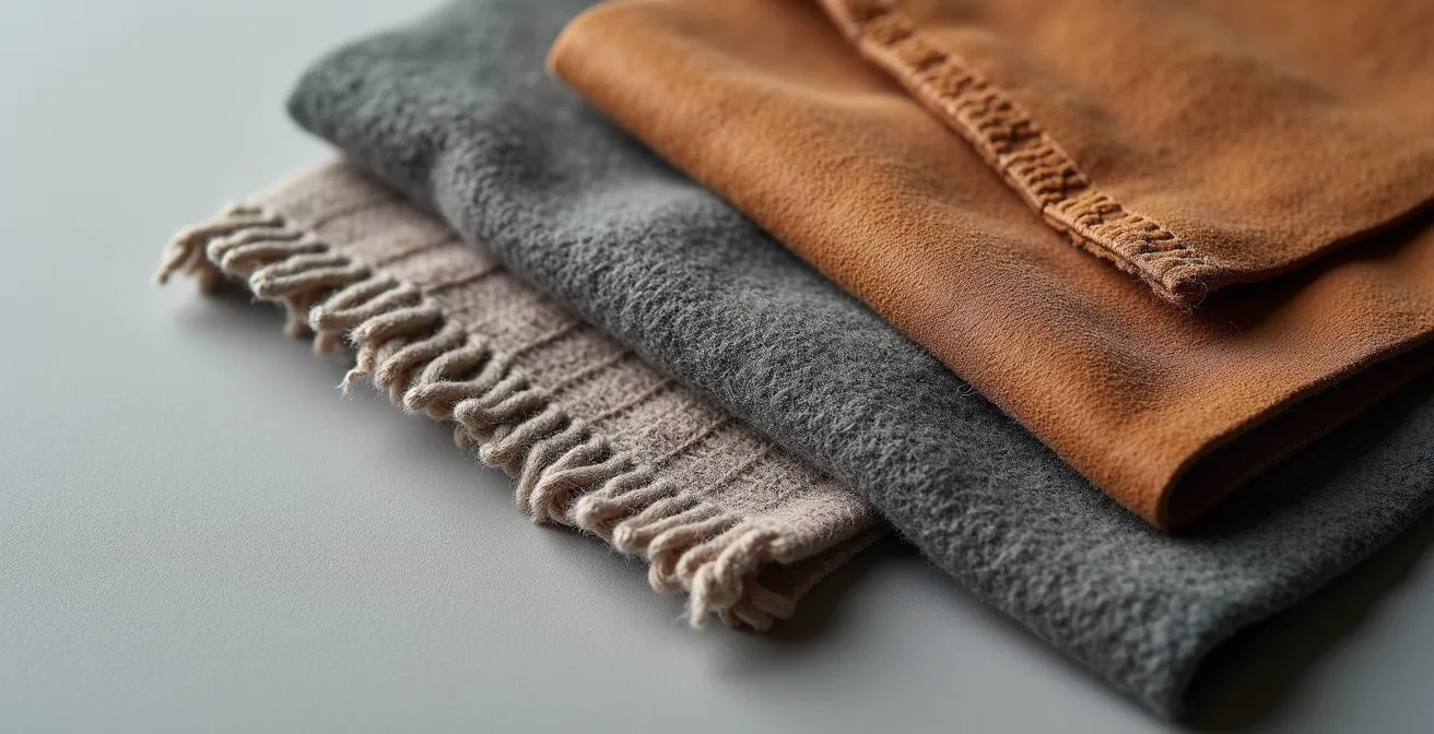 Hochwertige zeitlose Kleidungsstücke wie ein beiger Mantel, ein Wollpullover und Lederstiefel, arrangiert auf hellem Untergrund.