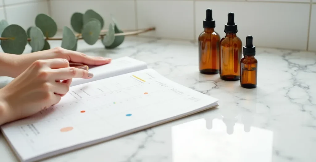 Detailaufnahme Hände mit Kalender und Hautpflegeprodukten